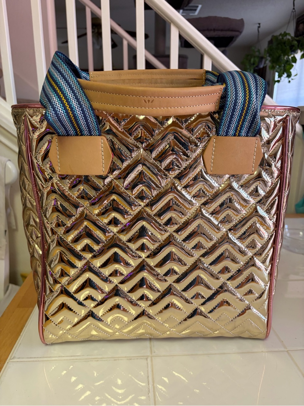 Quilted Metallic Gold Tote with Striped Handles